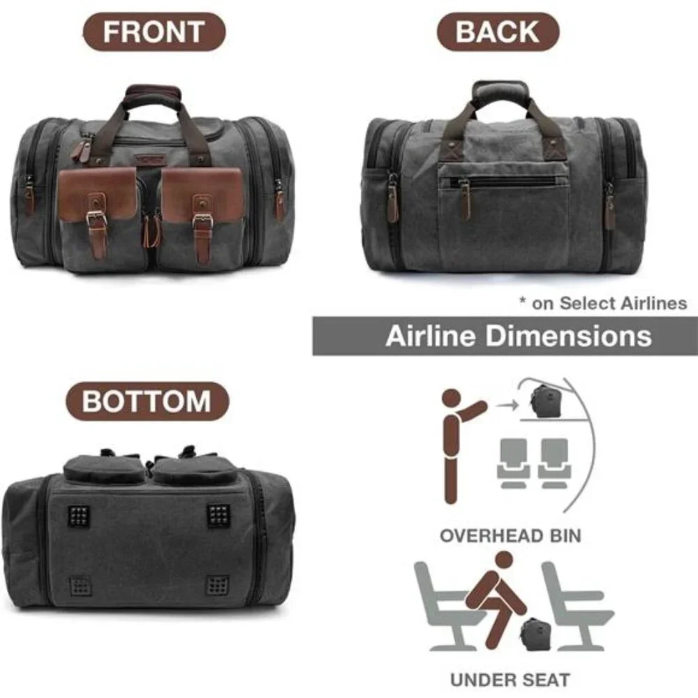 50L Travel Duffel Bag Expandable Canvas Leather Weekender Overnight Carry On Bag